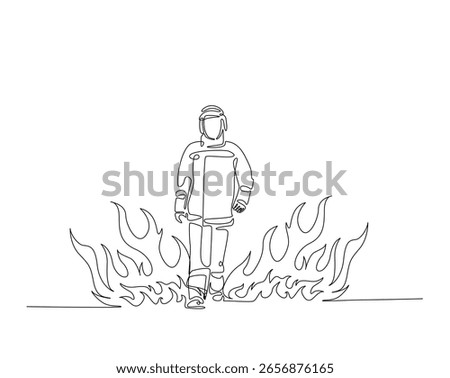 Firefighter standing on fire flames outline drawing illustration. one continuous line drawing of firefighter with hot fire background.