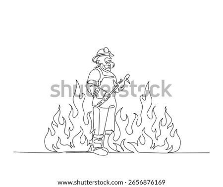 Firefighter standing on fire flames outline drawing illustration. one continuous line drawing of firefighter with hot fire background.