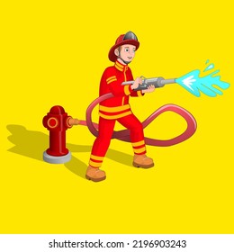 A firefighter standing while spraying water at the fire, a visual element consisting of a male character wearing a red uniform isolated on a yellow background, suitable for animation design, illustrat