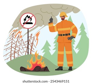 O Bombeiro Está Ao Lado De Um Sinal De Alerta De Risco De Incêndio Em Uma Floresta, Enfatizando A Importância Da Prevenção De Incêndios. Cartoon Lembrando Os Perigos Associados A Incêndios Ao Ar Livre E A Necessidade De Precaução