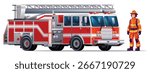 Firefighter stands next to a fire truck with a ladder on top, ready to respond to an emergency. Vector cartoon illustration