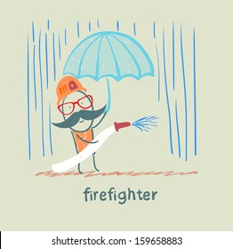 firefighter stands in the rain with an umbrella