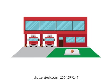 firefighter station and fire trucks isolated