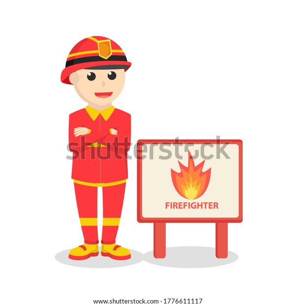 firefighter with firefighter station sign job\
design on white\
background