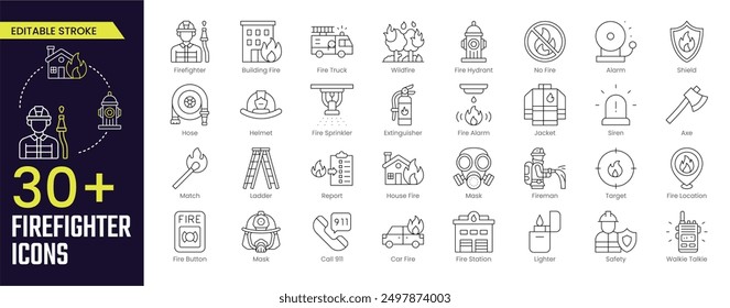 Firefighter Stroke icon collections. Containing fireman, fire truck, Alarm, hose, fire station, house, siren and fire hydrant. Stroke icon collection Outline icon