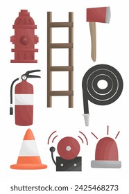 Firefighter stuff collection, fire department elements, set of firefighter equipment, firefighter tools cartoon 