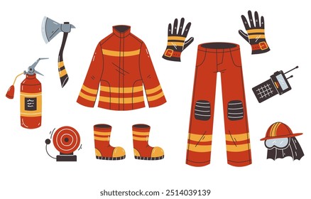 Firefighter suit parts line art simple style isolated concept set 