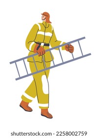 Firefighter in suit and protective helmet carrying ladder to reach to high floor. Isolated emergency service and help to put out and extinguish fire and flames. Vector in flat style illustration