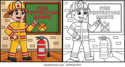 Firefighter Teaching Fire Prevention Illustration