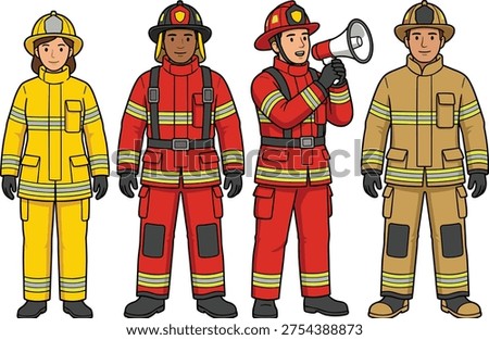 Firefighter team characters wearing protective uniform helmet with megaphone vector illustration emergency rescue workers cartoon fire department safety