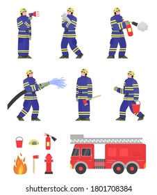 Firefighter team and equipment set - cartoon fireman in uniform extinguishing fire and firetruck with objects isolated on white background. Vector illustration.