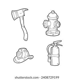 Firefighter Theme Hand Drawn Illustration. Fire Axe, Hydrant, Firefighter Hat, Fire Extinguisher.