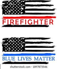 Firefighter and Thin blue line Flags - Distressed American flags. Flag, EPS 10, Fire, Department, USA, Flag, police flag.