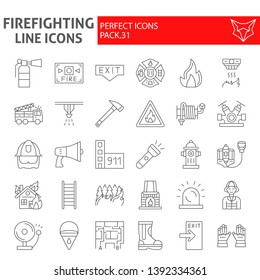 Firefighter Thin Line Icon Set, Fireman Symbols Collection, Vector Sketches, Logo Illustrations, Fire Safety Signs Linear Pictograms Package Isolated On White Background, Eps 10.