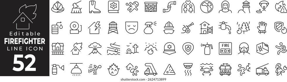Firefighter Thin Line Icon Set – Emergency, Rescue, Fire Safety