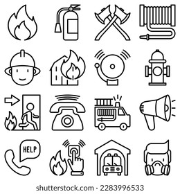 Firefighter thin line icons set: fire, extinguisher, axes, hose, hydrant, respirator, hose, fireman, alarm, brandspuit. Modern vector illustration.