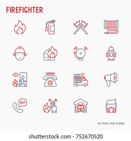 Firefighter thin line icons set: fire, extinguisher, axes, hose, hydrant. Modern vector illustration.