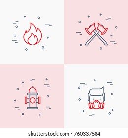 Firefighter Thin Line Icons Set: Fire, Respirator, Axes, Hydrant. Modern Vector Illustration.