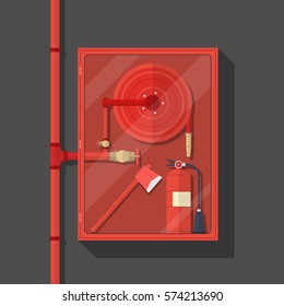 firefighter tool in fire hose cabinet with long red pipe on dark background.