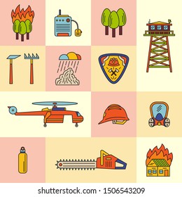 Firefighter tools and additional elements. Forest fire set of colorful icons. Forest disaster, clipart collection.