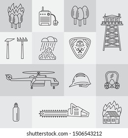 Firefighter tools and additional elements. Forest fire set of linear icons. Forest disaster, clipart collection.