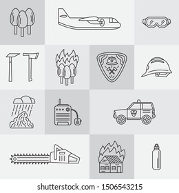 Firefighter tools and additional elements. Forest fire set of linear icons. Forest disaster, clipart collection.