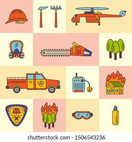 Firefighter tools and additional elements. Forest fire set of colorful icons. Forest disaster, clipart collection.