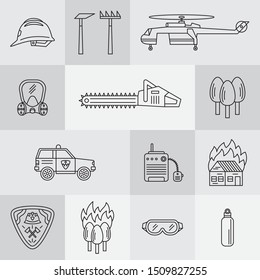 Firefighter tools and additional elements. Forest fire set of linear icons. Forest disaster, clipart collection.