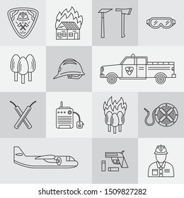 Firefighter tools and additional elements. Forest fire set of linear icons. Forest disaster, clipart collection.