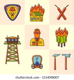 Firefighter tools and additional elements. Forest fire set of colorful icons. Forest disaster, clipart collection.