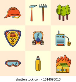 Firefighter tools and additional elements. Forest fire set of colorful icons. Forest disaster, clipart collection.