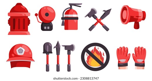 Herramientas de extinción de incendios colección conjunto de objetos de icono no signo de incendio pala de megáfono casco de emergencia hidráulica de alarma y extinguidor de incendios rescate de seguridad