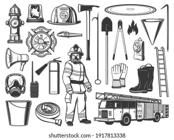 Firefighter tools and equipment engraved icons. Firefighter in protective uniform, helmet and gas mask, extinguisher, fire truck and hydrant, shovel and pike pole, hose, radio and bolt cutter vector