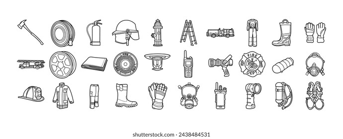 Firefighter Tools and Equipment Outline Illustration Vector Set