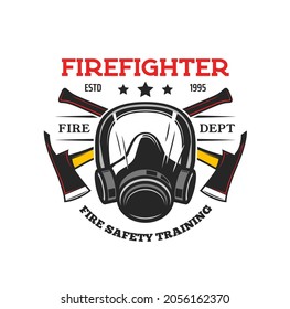 Firefighter tools heraldic icon. Vector fireman gas mask and crossed axes. Fire department and rescue service heraldry, safety and firefighting training isolated symbol