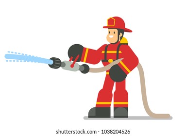 Firefighter in traditional uniform. Flat cartoon character design. Vector illustration isolated on white background.