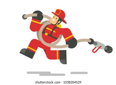 Firefighter in traditional uniform. Flat cartoon character design. Vector illustration isolated on white background.