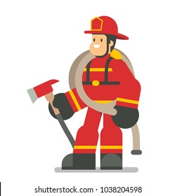 Firefighter in traditional uniform. Flat cartoon character design. Vector illustration isolated on white background.