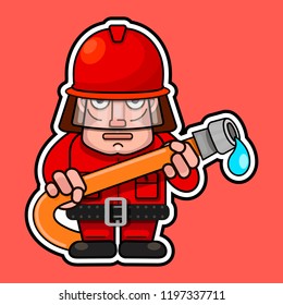 Firefighter in traditional uniform. Flat cartoon character design. Vector illustration 