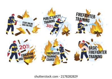 Firefighter Training Promo Badge Sale Discount Set Vector Illustration. Fireman Educational Courses Study Online Public Safety Assistance Spraying Foam Carrying Water Aid To People Near Fire Flame