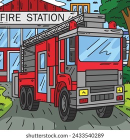 Firefighter Truck Colored Cartoon Illustration