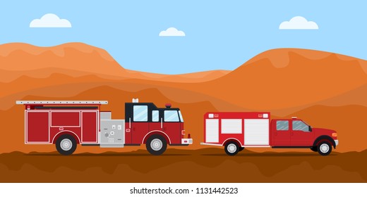 firefighter truck fire extinguisher on the road convoy with mountain desert dry as background vector graphic illustration