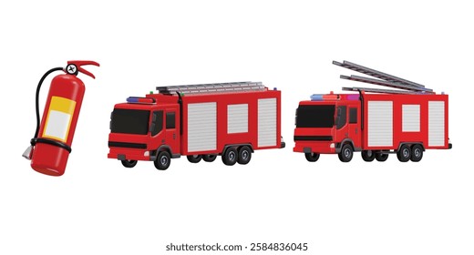 Firefighter truck icon with fire extinguisher icon 3d render concept of rescue fire safety, fire protection extinguisher, fire truck emergency support vector illustration