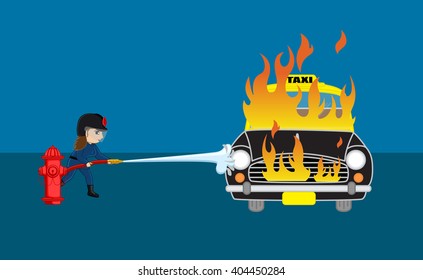Firefighter Trying to Extinguish the Burning Car with Fire Hose