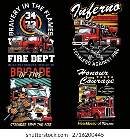 Feuerwehrmann T-Shirt Design-Set mit detaillierter Retro-Illustration Stil