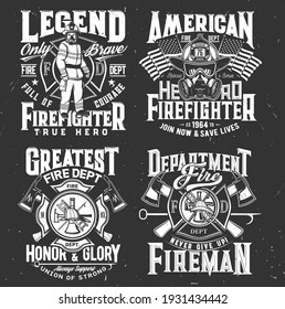 Firefighter t-shirt print, firefighting department emblem, vector fireman and hydrant icons. American flag and firefighter hero with helmet, crossed fire ax and Maltese cross for t shirt print mockup