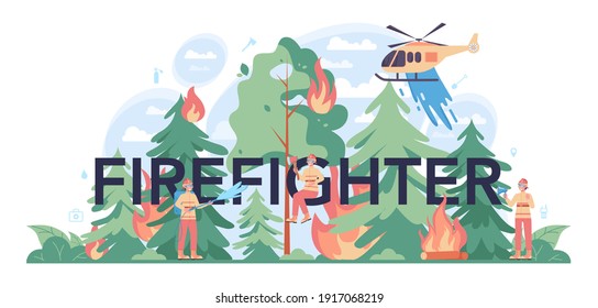 Feuerwehrleute, typografische Header. Professionelles Feuerwehrfeuerwehren mit Flammen. Charaktere mit einem Helm und Uniform, die Menschen vor dem Brennen des Gebäudes retten. Einzelne flache Vektorgrafik