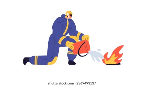 Bombero de uniforme extinguiendo fuego pequeño, vertiendo agua del balde, bombeando. Bombero, luchador con casco, protegido de la emergencia. Ilustración vectorial plana aislada en fondo blanco