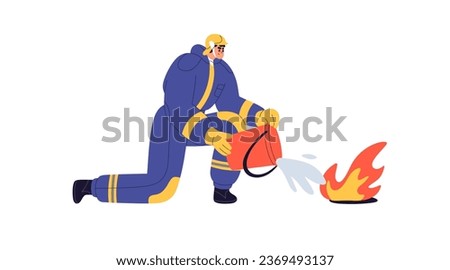 Firefighter in uniform extinguishing small fire, pouring water from bucket, firefighting. Fireman, fighter in helmet, protecting from emergency. Flat vector illustration isolated on white background