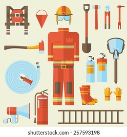 firefighter uniform and first help equipment and instruments. On flat style background concept. Vector illustration for colorful template for you design, web and mobile applications